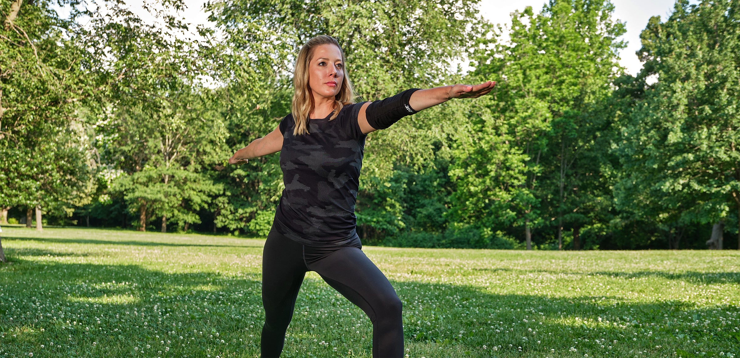 Resistance Band Leggings and Resistance Band Compression Elbow Sleeve shown in Forest Park